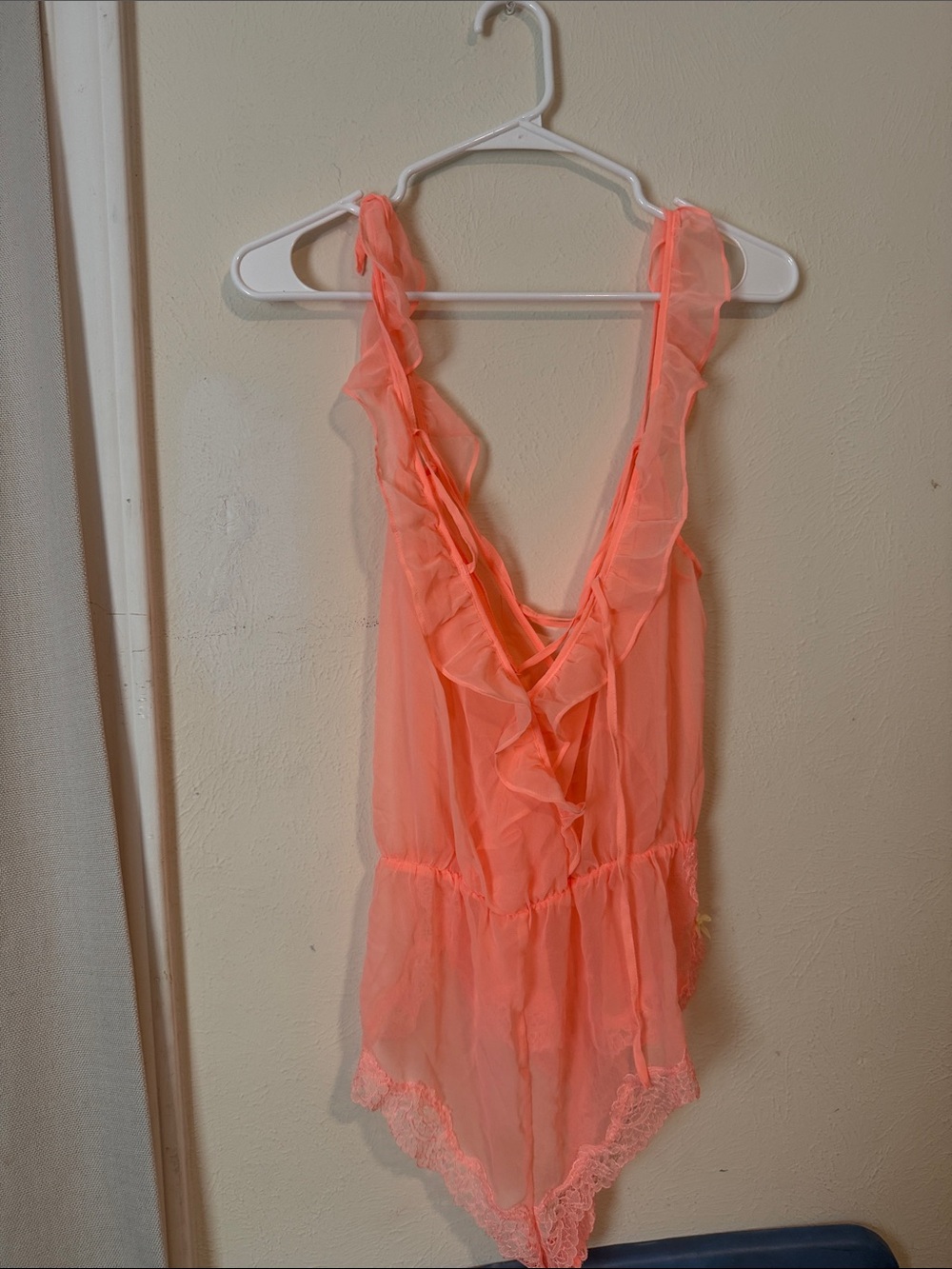 Sheer Ruffle V-Neck Teddy Bodysuit in Coral Pink Victoria Secret